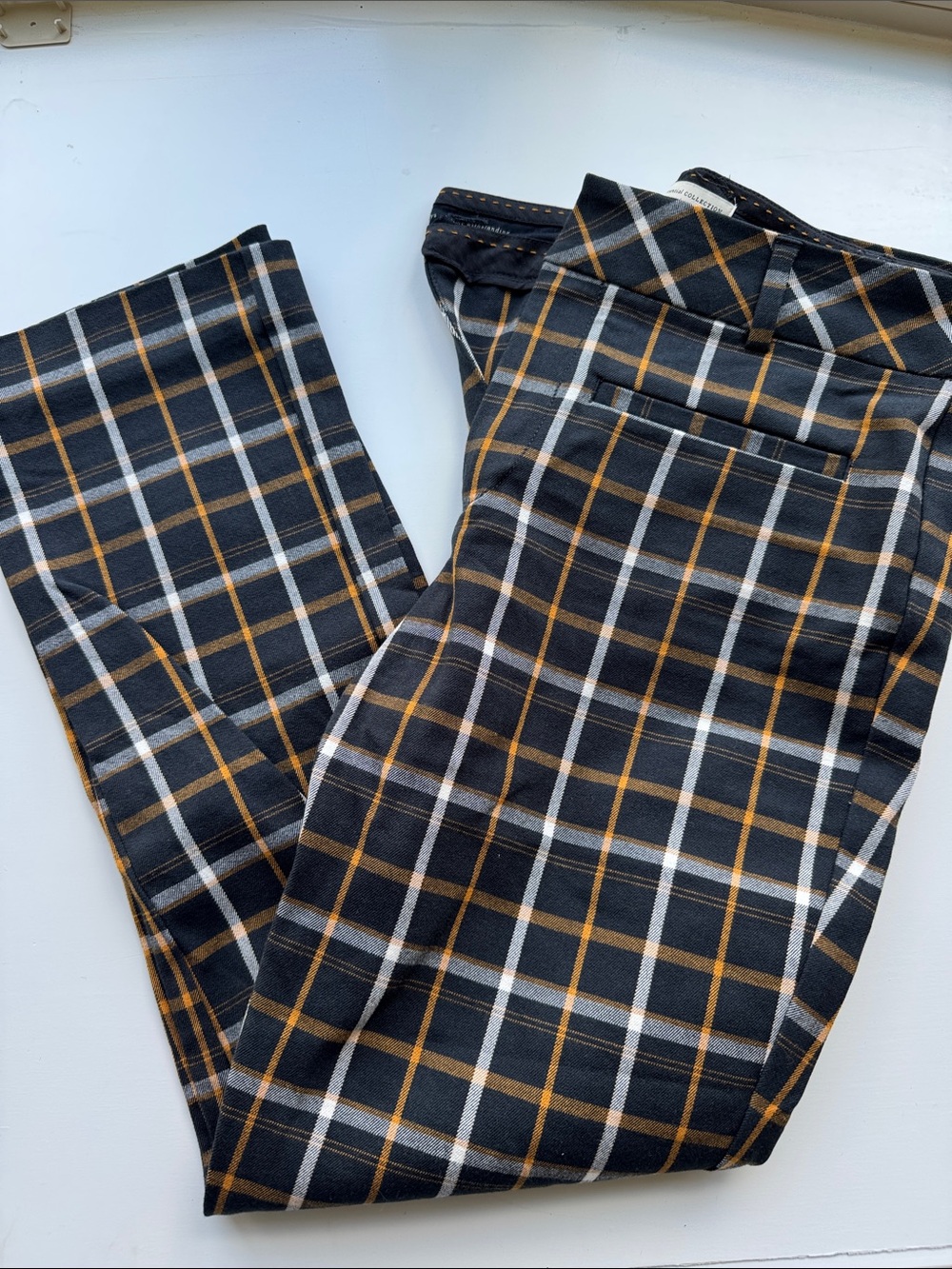 Anthropologie Black Plaid Dress Pants with Mustard Windowpane